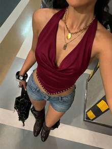 Aloruh Áo camisole thời trang cổ yếm màu trơn dành cho nữ - Màu Đỏ Sâu - Xem 3