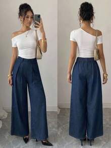 Selianne Summer Casual Sexy Vintage Chic Elegant High Waist Wide Leg Pleated Pastal Flare Going Out Swimming Everyday Women's Denim Jeans Daily Wear - Blue - View 7