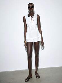 SHEIN 2件組女款白色上衣與短褲套裝，時尚通勤休閒夏季穿搭 - 白色 - 查看 5