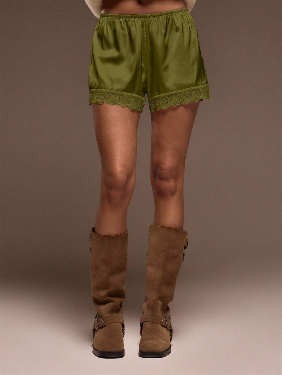 Green Elasticated Satin Pull On Lace Trim Shorts