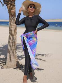 Swim Shayni Women's 3-Piece Set Shell Pattern Position Print Summer Beach Vacation Outfit, Wrinkled Round Neck Long Sleeve Half-Zip One-Piece And Long Pants With Side Tie Mesh Skirt, Elegant Mature Burkini - Green - View 3