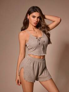 Lazeform Women's Super Soft Textured Ribbed Camisole And Shorts Set, Casual Loungewear - Khaki - View 4