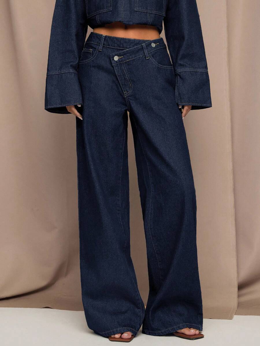 SHEIN Tall CURVE 秋冬夏季加大码女式直筒牛仔裤,休闲宽松不对称腰线设计,原色牛仔布 - 深色水洗藍 - 查看 1