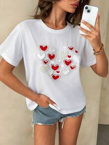 SHEIN Cottnline Damen Premium Weiß Baumwolle T-Shirt mit 3D Kunstperlen-Applikationen in Herzform, Touchscreen-Akzenten und eleganter femininer Silhouette für den Alltag - Weiss - Übersicht 2