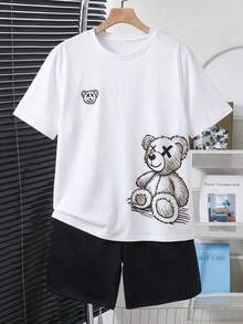 SHEIN 2件組青少年男孩可愛卡通熊印花短袖T恤與黑色短褲，夏季街頭生活休閒圖案街頭時尚，日常穿搭套裝 - 黑與白 - 查看 5