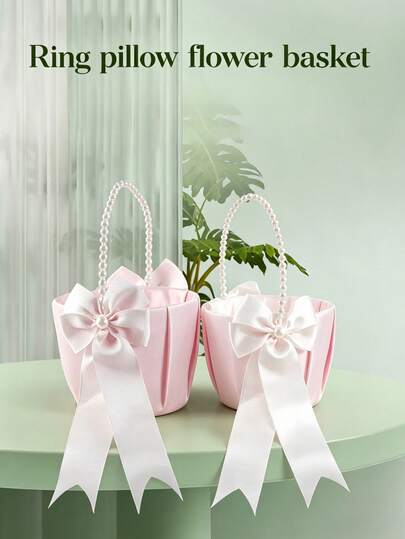 SHEIN 1pc Bow Pearl Wedding Flower Basket - White Bow Flower Basket, Satin Flower Basket, Suitable For Wedding Party Decoration, New Year Gift