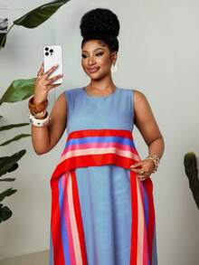 Maweii Plus Size Women's Brown Sleeveless Maxi Dress, Round Neck Casual Contrast Color Print Dress For Summer, Tropical Holiday, Tea Party, Beach Gym - Multicolor - View 3