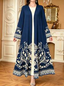 SHEIN Najma Vintage Blumen- & Fächer-Geometrie-Muster eleganter Abaya-Mantel, Frühling Herbst Langarm Strickjacke Oberbekleidung, Blumen-Marineblau-Mantel, arabischer Stil Bekleidung - Verschiedenfarbig - Übersicht 4