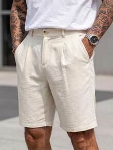 Manfinity CasualCool Quần short nam dáng suông, túi xéo, chất liệu vải lanh, rộng đến đầu gối, thoáng mát, màu trơn, cơ bản cho mùa hè. Quần short nam mùa hè, quần short nam thường ngày, quần short kaki nam, quần Bermuda nam, quần short vải lanh cho nam. Một món quà tuyệt vời cho bạn trai hoặc chồng. - Màu be - Xem 1