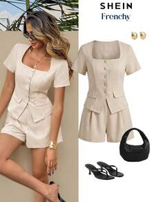SHEIN Frenchy Conjunto de dos piezas para mujer con top de cuello cuadrado, manga corta y abotonadura sencilla, y shorts de unicolor - Albaricoque - Ver 9