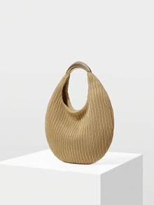 MOTF Bolso de mano tejido de mujer en color caqui, con asa de herrajes exquisitos, bolso redondo simple y ligero para ir al trabajo, adecuado para vacaciones de verano, viajes, ocio, playa, , combinable - Caqui - Ver 2