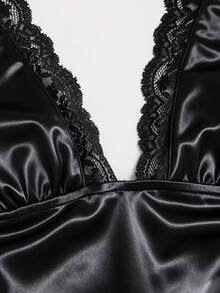 Sweetra Summer Stylish New Lace Patchwork Sweet Sexy Knitted Backless Slim Fit Black Bodysuit, Elegant For Commuting Night Out - Black - View 5
