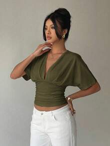 Aloruh Ivory Deep V Ruched Short Sleeve Tight Bottom Loose Top T-Shirt For Women,Summer Top - Army Green - View 5