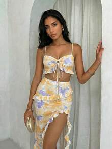Glamine Setelan 2 Potong Camisole dan Rok Mini Pink Seksi untuk Pantai - Angsa kuning - View 3