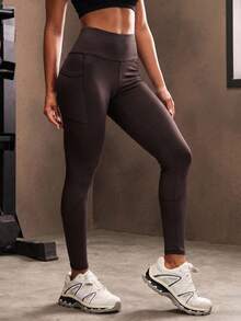 Powerista Leggings deportivos para mujer con bolsillo lateral, cintura ancha y sólida - Marrón - Ver 5