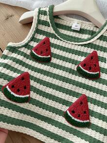 SHEIN LMoss Kids 女童西瓜图案条纹圆领休闲背心 - 綠色 - 查看 7