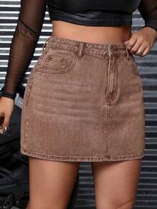 SHEIN ICON Plus Size Solid Color Casual Denim Mini Skirt - Rust Brown - View 6