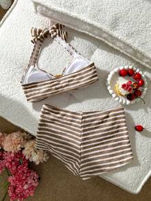 Swim Mod Conjunto de traje de baño halter a rayas rosas lindo para mujer - Marrón - Ver 2