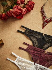 PinupPomp 3pcs Set Women's Lace Seamless T-Back Panties, Sexy - Multicolor - View 3
