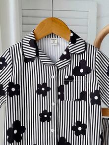 SHEIN 女童条纹图案翻领纽扣短袖宽松舒适梭织睡衣套装，两件套 - 黑與白 - 查看 5