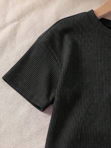 SHEIN LMoss Kids 两件套女童针织纯色圆领宽松T恤和修身短裤套装 - 黑色 - 查看 6