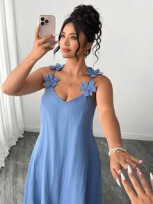 Elenzga Plus Size Women's Elegant Floral Textured Spaghetti Strap Maxi Dress,Blue Summer Tropical Tea Party Holiday, & Flattering Casual Party Gown - Dusty Blue - View 7