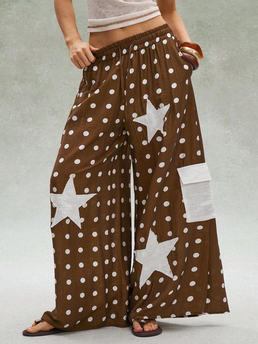 Bohemela Pantalones anchos de pierna ancha casuales de mujer con parches tejidos - Multicolor - Ver 1