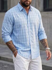 DRIVNCORE Men Plus Size Plaid Long Sleeve Single-Breasted Casual Commuter Shirt, Fall - Blue - View 3