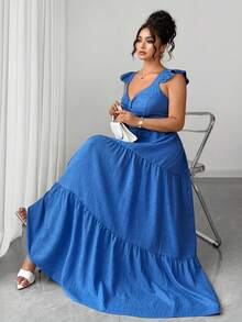 Elenzga Vestido largo de línea A con cuello cuadrado y mangas con volantes, de unicolor y elegante, para mujer de talla grande. Cinturón elástico en la cintura, ajuste ceñido, elegante y apropiado para uso diario, cenas y citas, primavera/verano - Azul - Ver 6