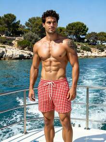 Manfinity Swimmode 夏季男士紅白條紋抽繩格紋休閒寬鬆百搭日常海灘短褲，熱帶度假夏威夷泳褲情侶款 - 紅色 - 查看 4