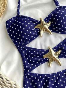 SHEIN Tween Girls' Summer Beach Vacation Navy Blue Polka Dot Print Halter Metal Starfish Decor One-Piece Swimsuit - Blue - View 3