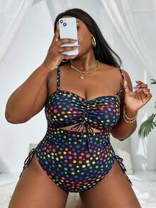 Slaydiva Traje de baño de una pieza para mujer talla grande con parte superior tipo bandeau de unicolor con cordón ajustable y Bottom con cordón lateral - Negro - Ver 5