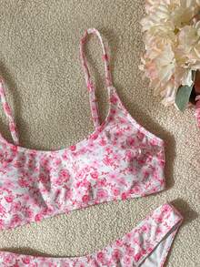 Swim Mod Set Pakaian Renang Wanita, Bikini Dua Potong Motif Bergaris Acak, Pakaian Renang Seksi Kasual untuk Liburan Pantai dan Pesta Kolam Renang - Hot Pink - View 4
