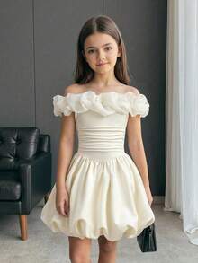Firerie Kids 少女露肩收腰连衣裙，休闲日常穿着，适合宴会、派对、拍照、姐妹装和亲子装。 - 彩色 - 查看 7