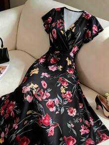 SHEIN Elenzya Plus Size Women Floral Print Ruffle Sleeve Casual Vacation Dress - Black - View 1
