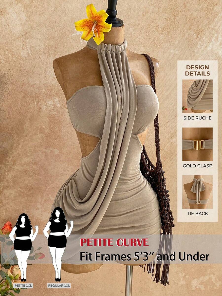 SHEIN PETITE CURVE 大码女式春夏不对称裹身系带修身迷你连衣裙,适合约会、花园派对、下午茶、插花、波西米亚风、度假、复古风、假日等各种场合。 - 卡其色 - 查看 1