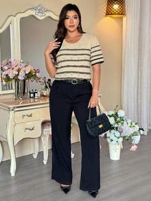 SHEIN Clasi 女士休闲衬衫，适合日常通勤、情人节、街头风等各种场合，百搭商务优雅知性风，圆领条纹修身短袖撞色杏色宽松直筒套头针织衫，大码可选，春夏款 - 杏色 - 查看 5
