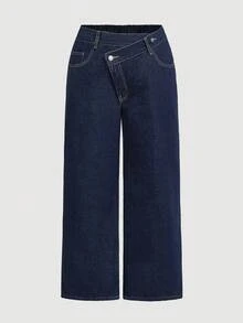 SHEIN Tall CURVE 秋冬夏季加大码女式直筒牛仔裤，休闲宽松不对称腰线设计，原色牛仔布 - 深色水洗藍 - 查看 8