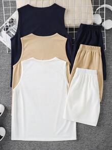 SHEIN Teen Boy 6pcs Teen Boy Casual Cute Pattern Knit Vest & Shorts Set, Suitable For Commuting, School, Daily Casual, Sports, Spring/Summer - Multicolor - View 3