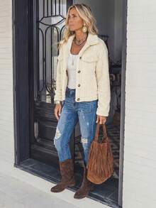 LanaWest Women's Autumn/Winter Solid Color Plush Casual Short Jacket With Long Sleeves Fall Cloth For Women - Beige - View 5