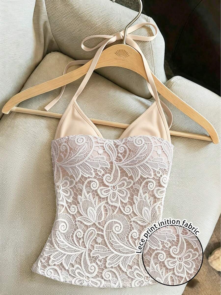 Resyla 夏季時尚仿蕾絲圖案3D數位印花細肩帶背心上衣,適合女性,打造辣妹造型,米色浪漫優雅,適合婚禮與早午餐 - 彩色 - 查看 1