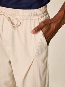 Tonviero Men's Solid Color Drawstring Waist Pocket Straight Leg Casual Pants, For Fall - Beige - View 3