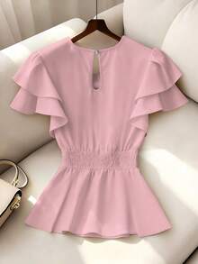 SHEIN Franclia 女士纯色圆领褶皱休闲百搭日常衬衫 - 粉色 - 查看 2