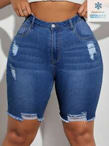 SHEIN SXY Plus Size Distressed Versatile Denim Shorts - Dark Wash - View 4