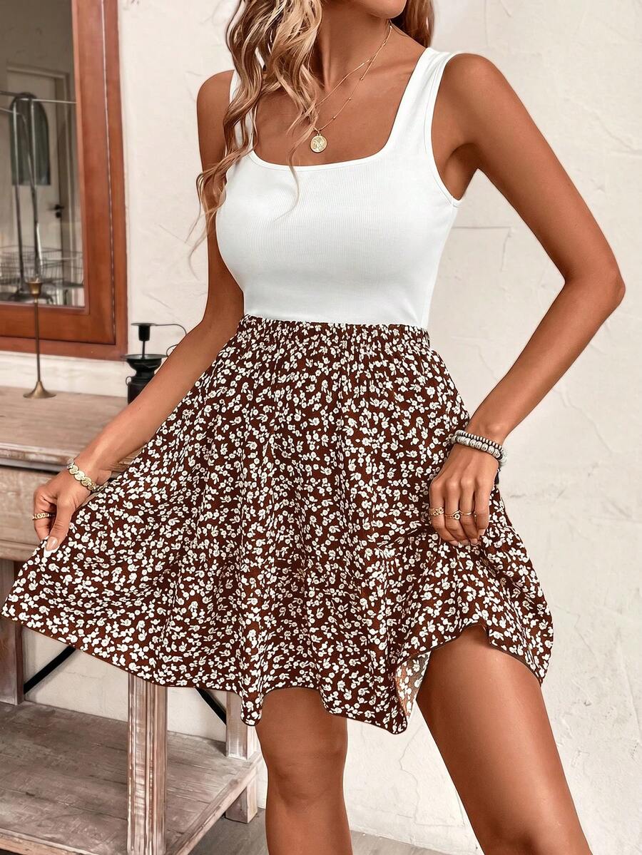 SHEIN Frenchy Summer Vacation Ladies' Floral Pattern Sleeveless A Line Waist-Cinching Dress - Brown - View 1
