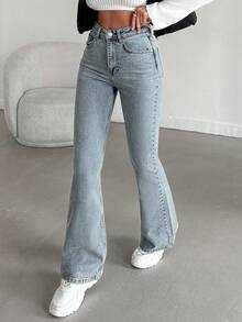 EURMUSE 98%Cotton Washed Casual Flare Jeans With Slanted Pockets - Baby Blue - View 4