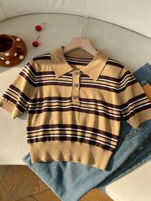Muchica Regular-Shoulder Short Sleeve Half-Placket Casual Striped Knit Sweater - Camel - View 8
