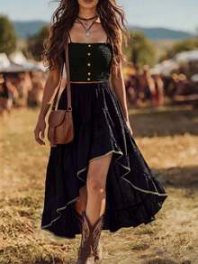SHEIN LUNE Women's Pastal Autumn Boho Laced Vacation Skirt, Asymmetric Ruffle Hem Lace Trim A-Line Waist Cinching Linen-Like Elegant Graduation Golf - Black - View 8