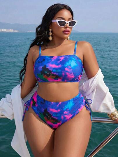 Slaydiva Bộ bikini hai mảnh in họa tiết dành cho nữ cỡ lớn, dây mảnh, kiểu tam giác, có dây rút, thích hợp cho kỳ nghỉ biển.