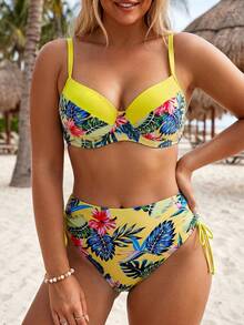Slaydiva 2026 Plus Size CURVE Tropical Print Double Strap Summer Beach Vacation European & American Plus Size Swimwear Set - Yellow - View 3